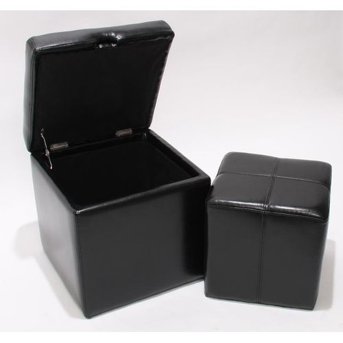 Lot De 2 Tabourets Onex, Pouf + Cube-coffre, Cuir, Noir