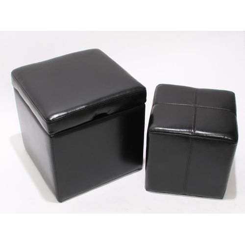 Lot De 2 Tabourets Onex, Pouf + Cube-coffre, Cuir, Noir