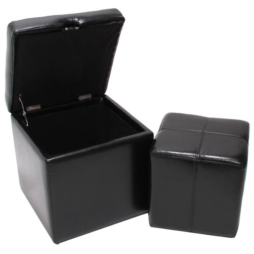 Lot De 2 Tabourets Onex, Pouf + Cube-coffre, Cuir, Noir
