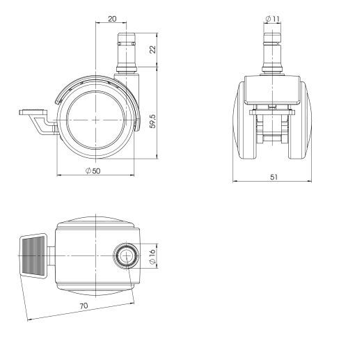 Roulettes 5x Rolo Stop 11mm/50mm Métal, Plastique Noir