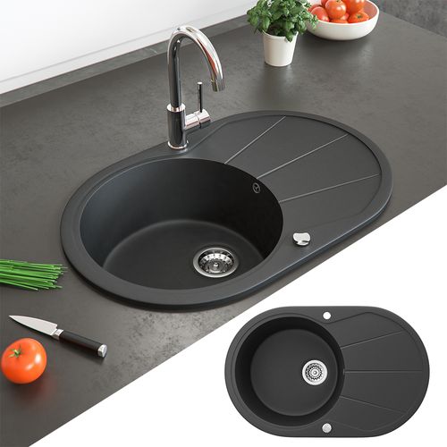 Évier 12547 Noir 78x50cm Rond Avec Emplacement De Séchage