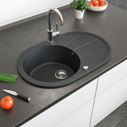 Évier 12547 Noir 78x50cm Rond Avec Emplacement De Séchage