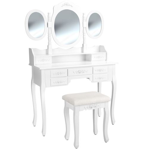 Coiffeuse Avec 3 Miroirs 7 Tiroirs - Tabouret Inclus