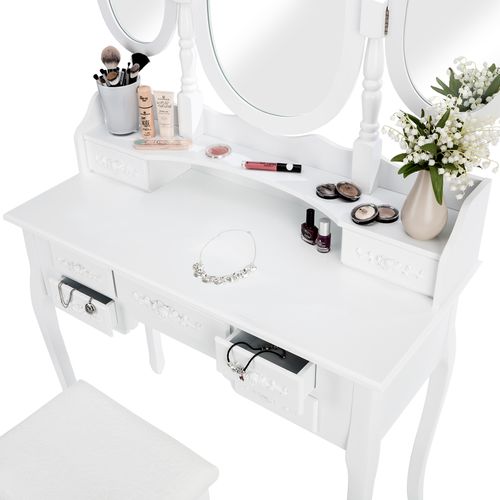 Coiffeuse Avec 3 Miroirs 7 Tiroirs - Tabouret Inclus