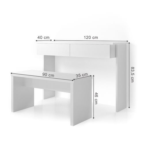 Coiffeuse Azur 21017 Blanc 120cm Sans Miroir, Avec Banc