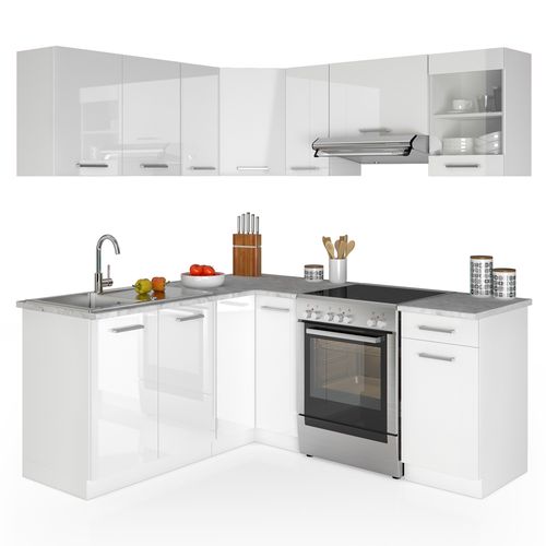 Cuisine En Angle Rick 34828 Blanc Brillant/blanc 190x60cm , Pt Marbre