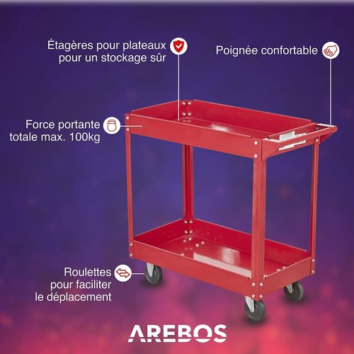 Chariot Servante D’atelier 2 Piéces Chariot À Outil 2 Étages Rouge Large Capacité De Charge 100kg