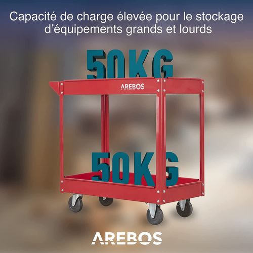 Chariot Servante D’atelier 2 Piéces Chariot À Outil 2 Étages Rouge Large Capacité De Charge 100kg