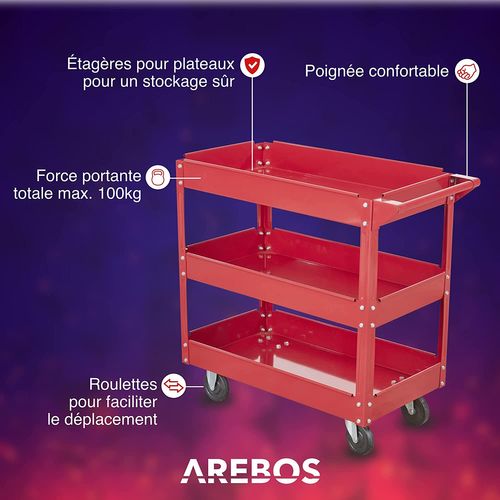Chariot Servante D’atelier 2 Piéces Chariot À Outil 3 Étages Rouge Large Capacité De Charge 100kg