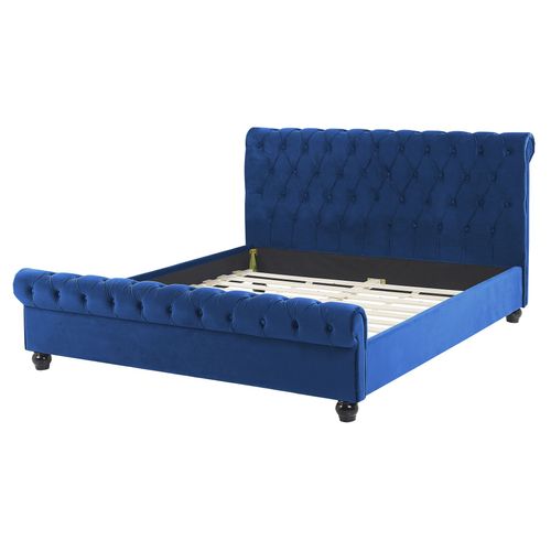 Lit Avec Sommier Velours Avallon 160 X 200 Cm Bleu Marine