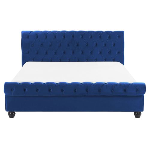 Lit Avec Sommier Velours Avallon 160 X 200 Cm Bleu Marine