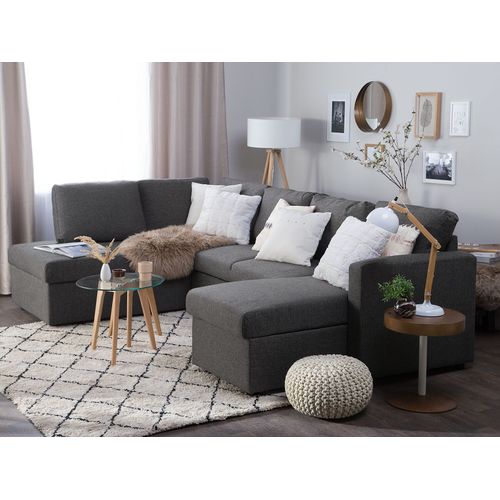 Canapé-lit En Forme De U 5 Places Karrabo Tissu Gris Foncé Avec Rangement