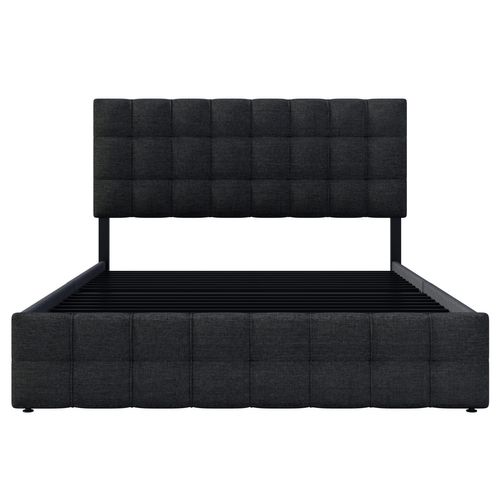 Lit Adulte + 4 Tiroir 140x200 Cm Lin Noir Avec Tête De Lit Et Sommier