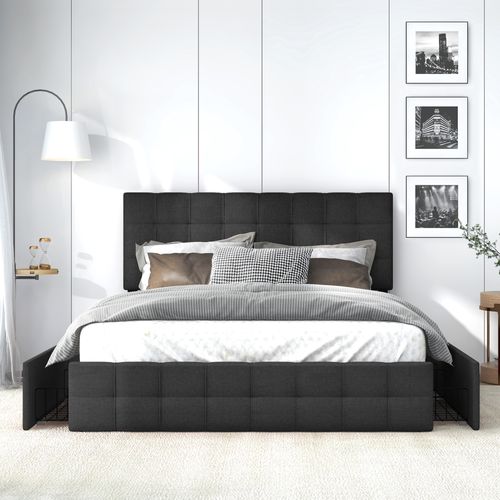 Lit Adulte + 4 Tiroir 140x200 Cm Lin Noir Avec Tête De Lit Et Sommier