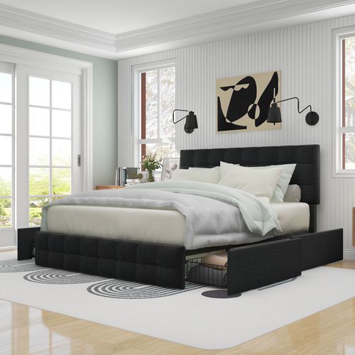 Lit Adulte + 4 Tiroir 140x200 Cm Lin Noir Avec Tête De Lit Et Sommier