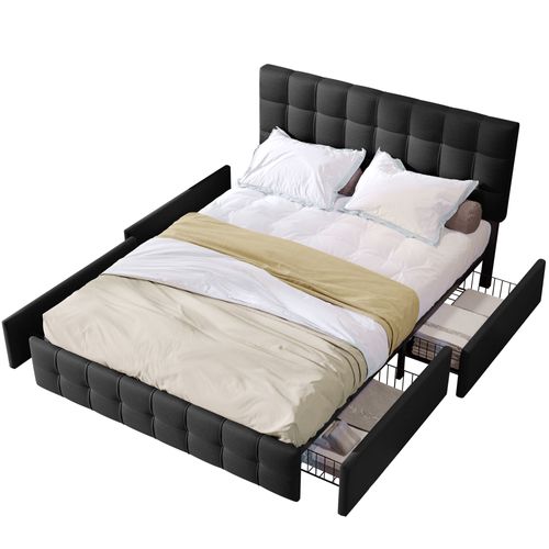 Lit Adulte + 4 Tiroir 140x200 Cm Lin Noir Avec Tête De Lit Et Sommier