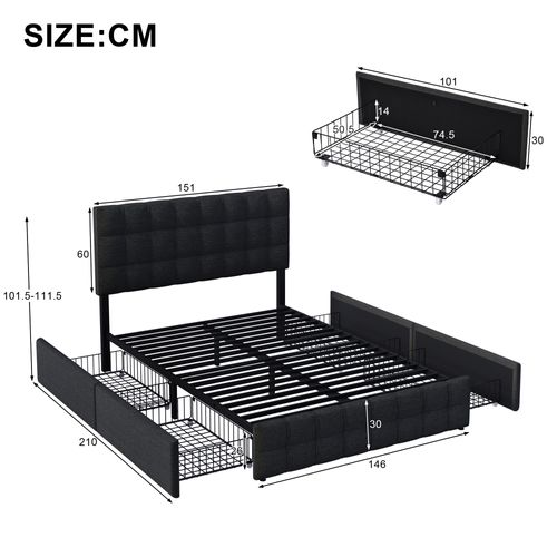 Lit Adulte + 4 Tiroir 140x200 Cm Lin Noir Avec Tête De Lit Et Sommier