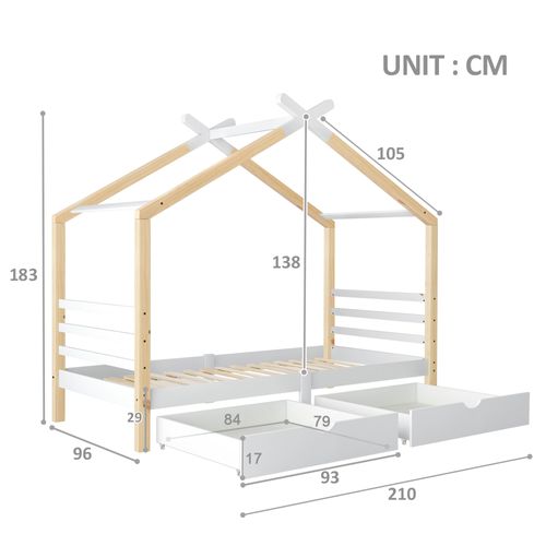 Lit Cabane 90 X 200 Cm 2 Tiroirs Blanc + Bois