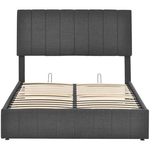 Lit Coffre 140x200 Cm En Lin Gris Foncé Avec Tête De Lit Et Sommier