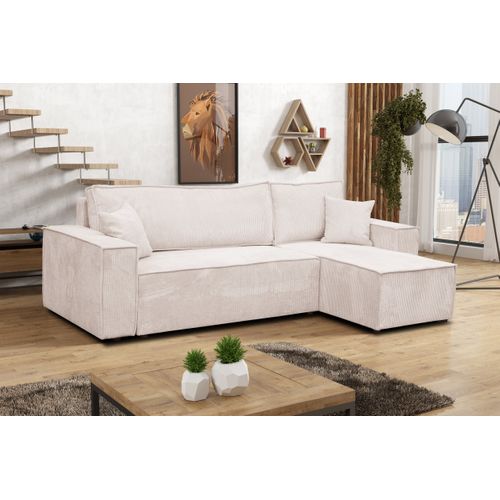 Canapé D'angle Hugo L Avec Fonction Couchage Et Coffre De Rangement, Beige, Tissu Cordé