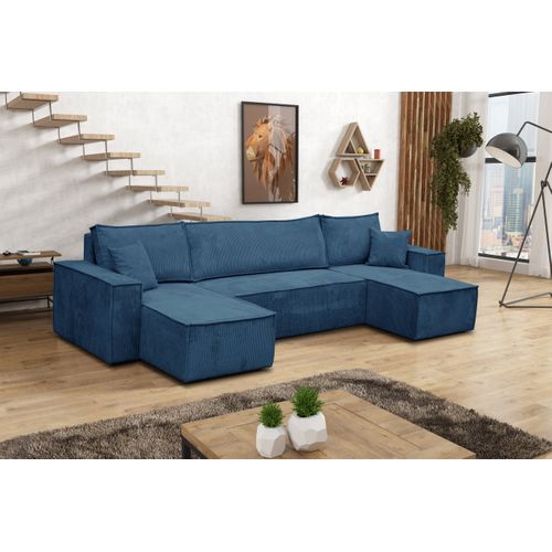 Hugo Canapé En U Avec Fonction Couchage Et Coffre De Rangement, Bleu, Tissu Velours Côtelé