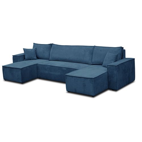Hugo Canapé En U Avec Fonction Couchage Et Coffre De Rangement, Bleu, Tissu Velours Côtelé