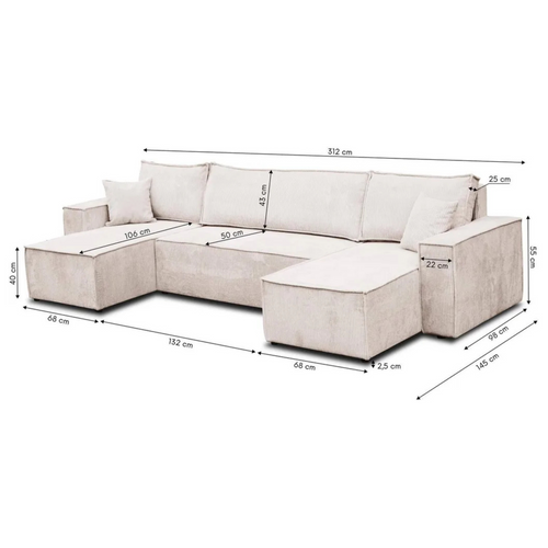 Hugo Canapé En U Avec Fonction Couchage Et Coffre De Rangement, Bleu, Tissu Velours Côtelé