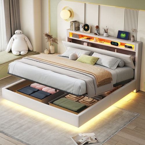 Lit Coffre Lit Double LED 140x200 Cm, Tête De Lit Réversible, Prise USB, Lin, Beige