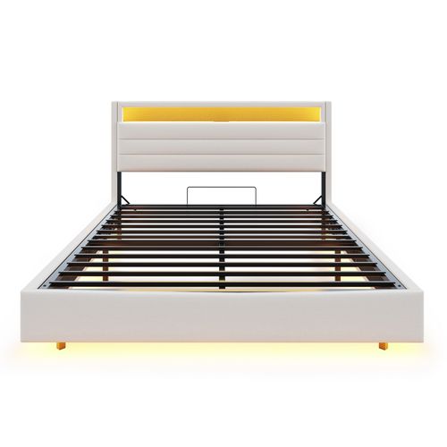 Lit Coffre Lit Double LED 140x200 Cm, Tête De Lit Réversible, Prise USB, Lin, Beige