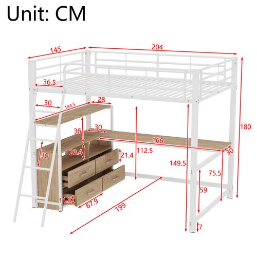 Lit Mezzanine, Lit Enfant 140x200cm, Lit En Fer Avec Tiroirs Et Bureau En L, Blanc