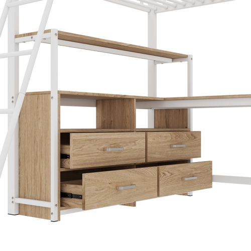 Lit Mezzanine, Lit Enfant 140x200cm, Lit En Fer Avec Tiroirs Et Bureau En L, Blanc