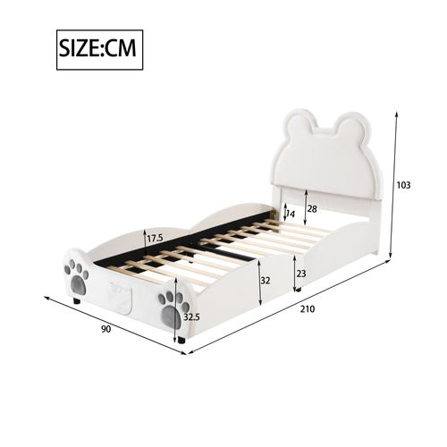 Lit Simple Enfant Lit Rembourré, 90 X 200 Cm, Avec Sommier à Lattes, Velours, Blanc, Sans Matelas