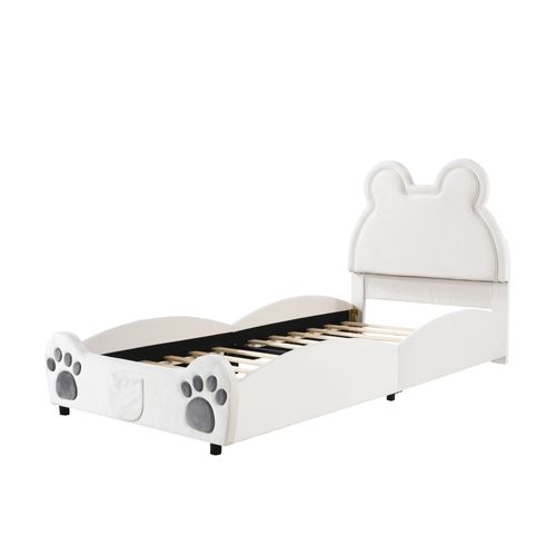 Lit Simple Enfant Lit Rembourré, 90 X 200 Cm, Avec Sommier à Lattes, Velours, Blanc, Sans Matelas