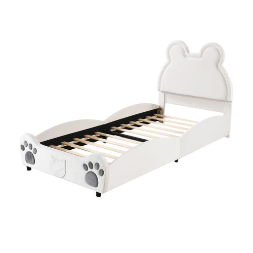 Lit Simple Enfant Lit Rembourré, 90 X 200 Cm, Avec Sommier à Lattes, Velours, Blanc, Sans Matelas