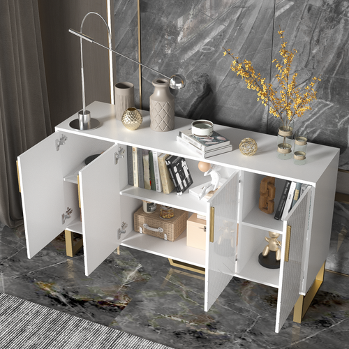 Buffet Brillant à 4 Portes, Poignées Et Pieds En Métal, Design Géométrique Blanc