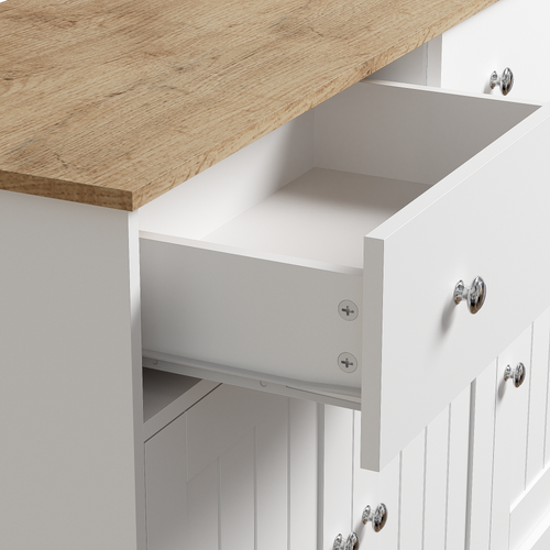 Buffet Bahut De Salon Elégant, Armoire De Cuisine Avec 3 Portes 2 Tiroirs, Décor Chêne Et Blanc