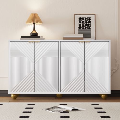 Buffet Moderne, Armoire De Salon Avec 4 Portes Sculptées Et Étagères Réglables, Blanc