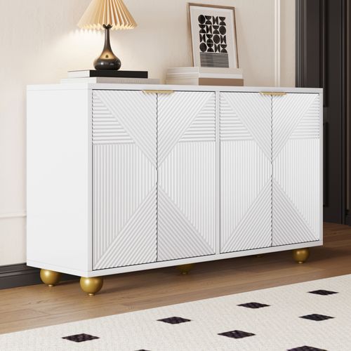 Buffet Moderne, Armoire De Salon Avec 4 Portes Sculptées Et Étagères Réglables, Blanc