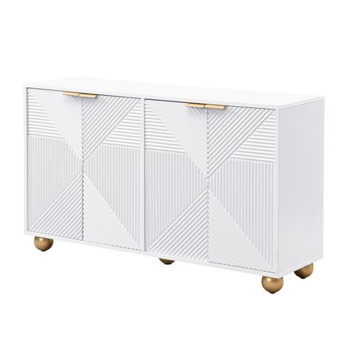 Buffet Moderne, Armoire De Salon Avec 4 Portes Sculptées Et Étagères Réglables, Blanc