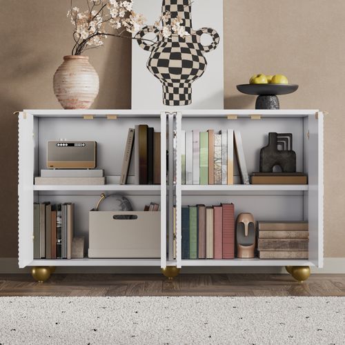 Buffet Moderne, Armoire De Salon Avec 4 Portes Sculptées Et Étagères Réglables, Blanc