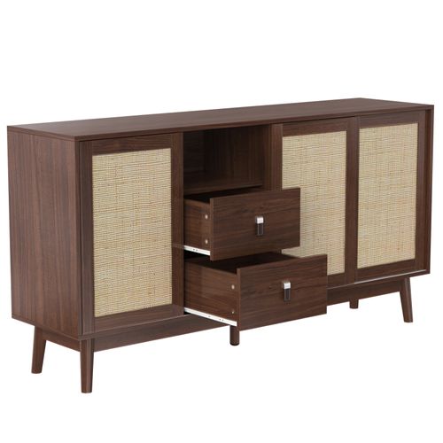 Buffet Salon Avec 3 Portes Coulissantes En Rotin Véritable Et 2 Tiroirs, Meuble De Rangement, Noyer