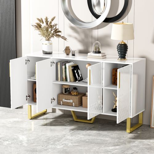 Buffet à 4 Portes, Haute Brillance, Avec Poignées Et Pieds En Métal, Pour Salle à Manger