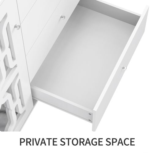 Buffet Miroir Moderne Avec 2 Portes Et 4 Tiroirs - Armoire Avec Poignées En Cristal - Blanc