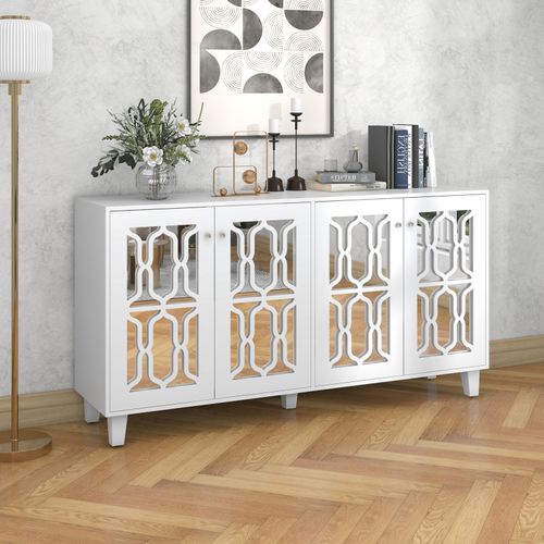 Buffet Élégant Avec Miroir Blanc, Buffet Polyvalent – 4 Portes, Étagère Réglable