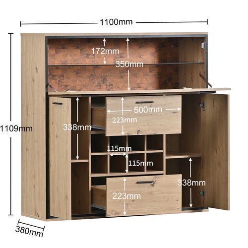 Buffet 2 portes avec LED, avec 8 étagères à vin et 2 grands tiroirs
