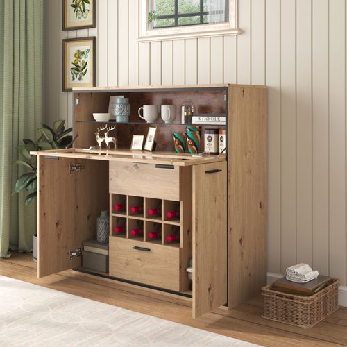 Buffet 2 portes avec LED, avec 8 étagères à vin et 2 grands tiroirs