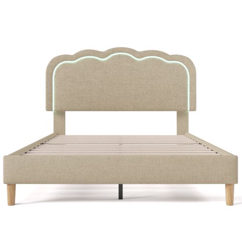 Lit Double LED 140 X 200 Cm, Sommier à Lattes Et Tête De Lit Réglable, Beige