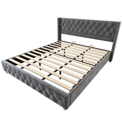 Lit Rembourré Adulte 180x200 Cm Rembourrage à Rivets, Pieds En Bois, Velours, Gris