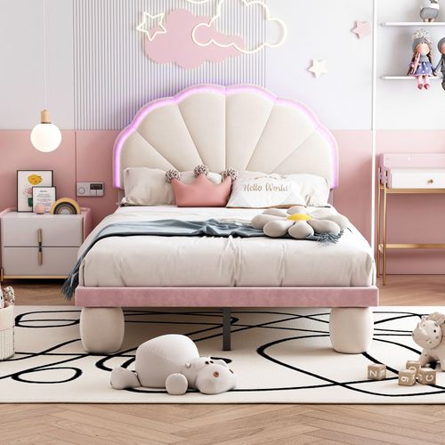 Lit D'enfant Rembourré Avec Bandes LED Multicolores Alternées, Beige + Rose, 90x200 Cm
