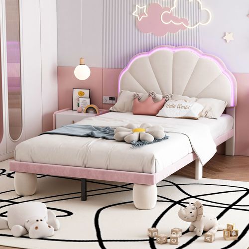 Lit D'enfant Rembourré Avec Bandes LED Multicolores Alternées, Beige + Rose, 90x200 Cm